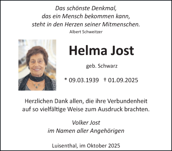 Traueranzeige von Helma Jost von saarbruecker_zeitung