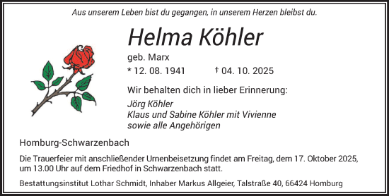 Traueranzeige von Helma Köhler von saarbruecker_zeitung