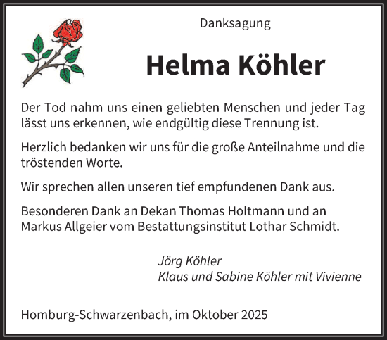 Traueranzeige von Helma Köhler von saarbruecker_zeitung