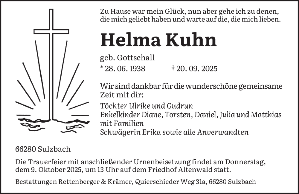  Traueranzeige für Helma Kuhn vom 04.10.2025 aus saarbruecker_zeitung