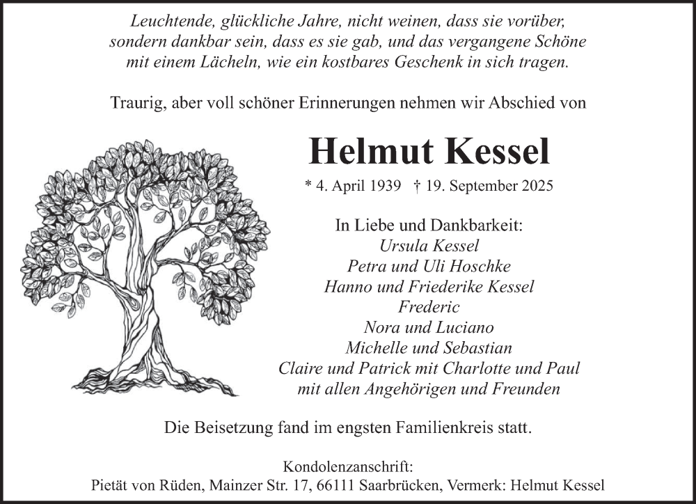  Traueranzeige für Helmut Kessel vom 11.10.2025 aus saarbruecker_zeitung