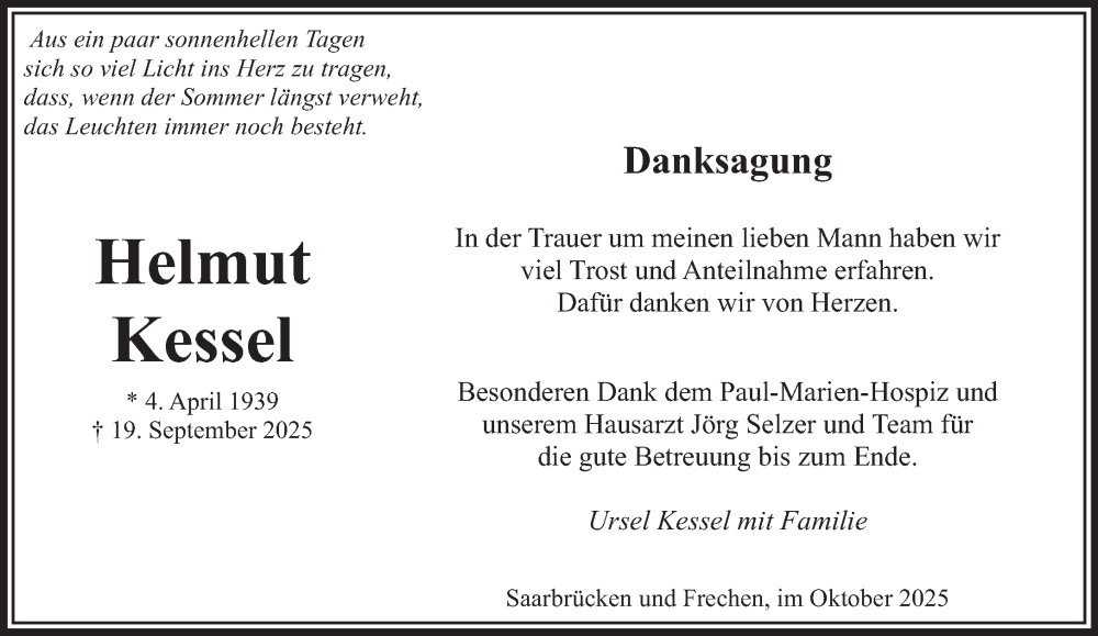  Traueranzeige für Helmut Kessel vom 25.10.2025 aus saarbruecker_zeitung