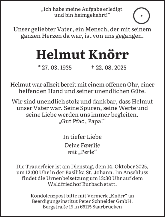 Traueranzeige von Helmut Knörr von saarbruecker_zeitung