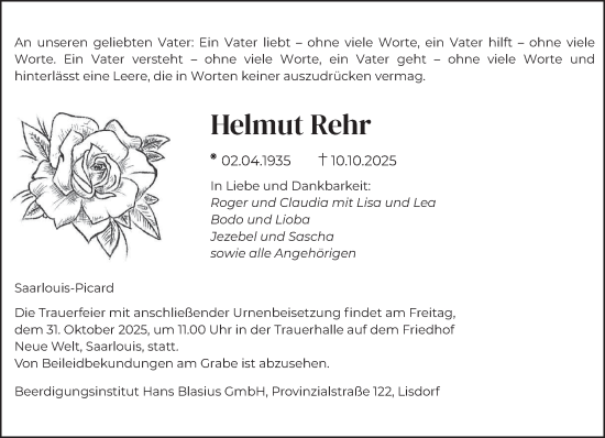 Traueranzeige von Helmut Rehr von saarbruecker_zeitung