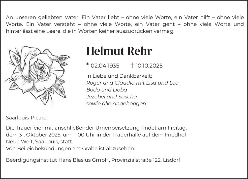  Traueranzeige für Helmut Rehr vom 25.10.2025 aus saarbruecker_zeitung