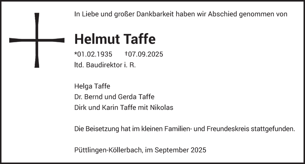  Traueranzeige für Helmut Taffe vom 04.10.2025 aus saarbruecker_zeitung