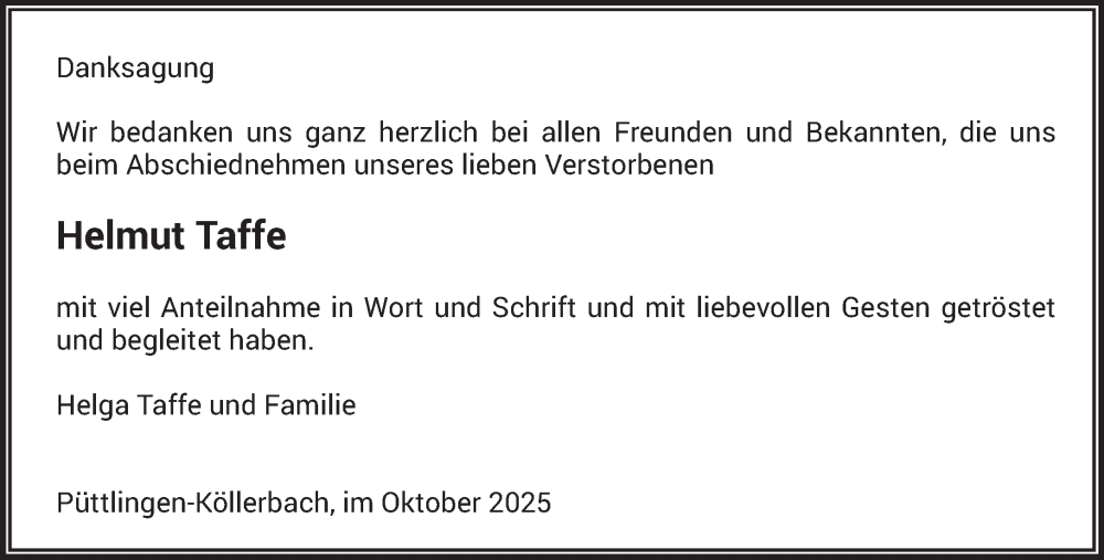  Traueranzeige für Helmut Taffe vom 18.10.2025 aus saarbruecker_zeitung