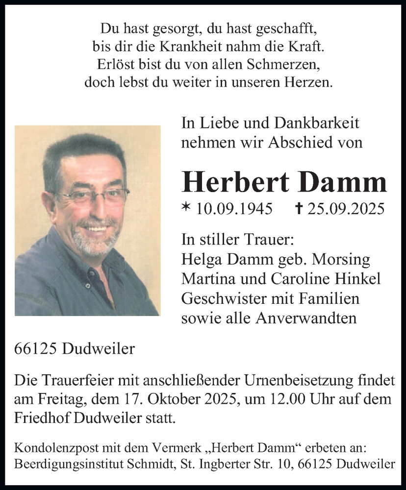  Traueranzeige für Herbert Damm vom 04.10.2025 aus saarbruecker_zeitung
