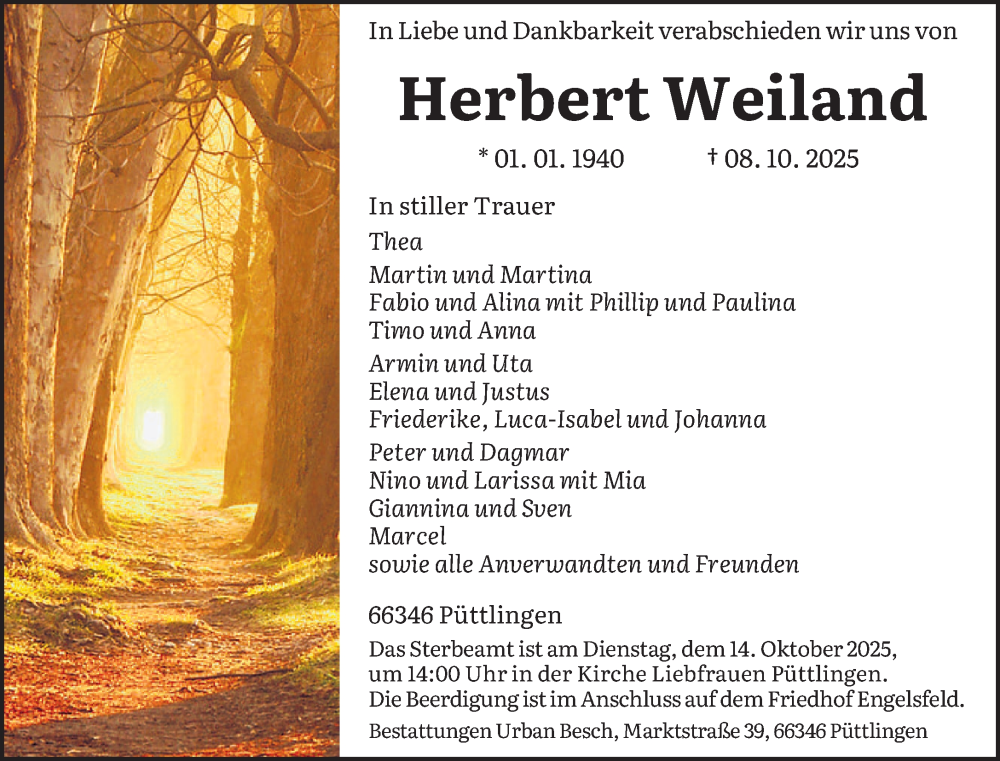  Traueranzeige für Herbert Weiland vom 11.10.2025 aus saarbruecker_zeitung