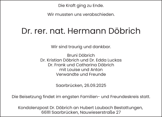 Traueranzeige von Hermann Döbrich von saarbruecker_zeitung