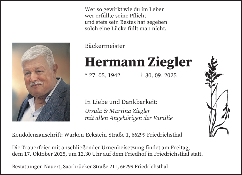  Traueranzeige für Hermann Ziegler vom 11.10.2025 aus saarbruecker_zeitung