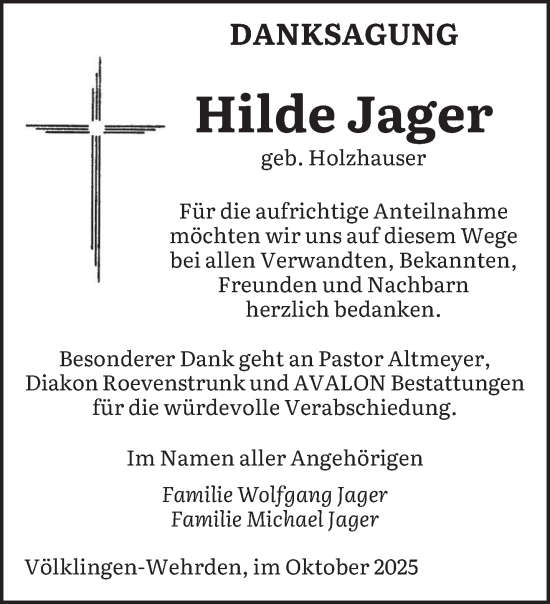 Traueranzeige von Hilde Jager von saarbruecker_zeitung