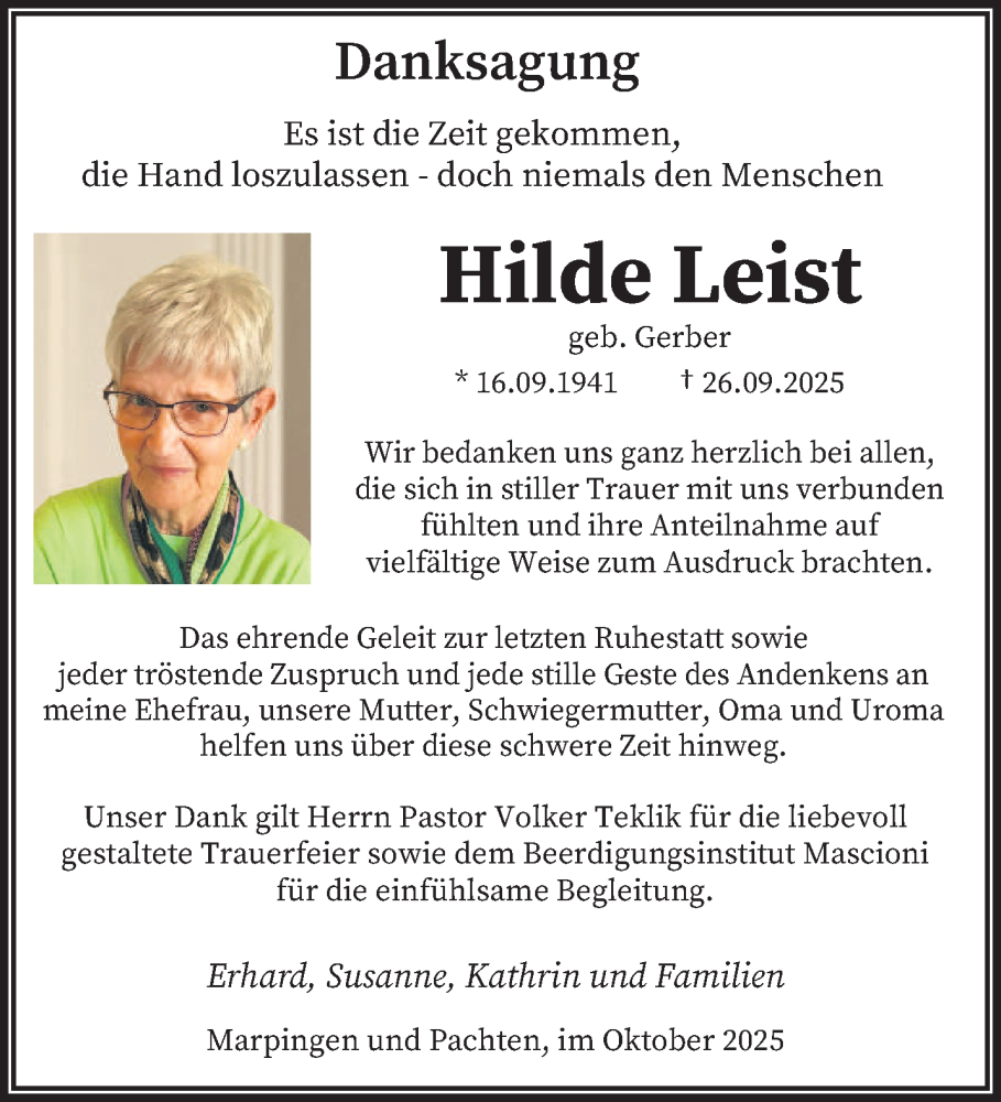  Traueranzeige für Hilde Leist vom 18.10.2025 aus saarbruecker_zeitung