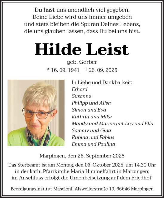 Traueranzeige von Hilde Leist von saarbruecker_zeitung