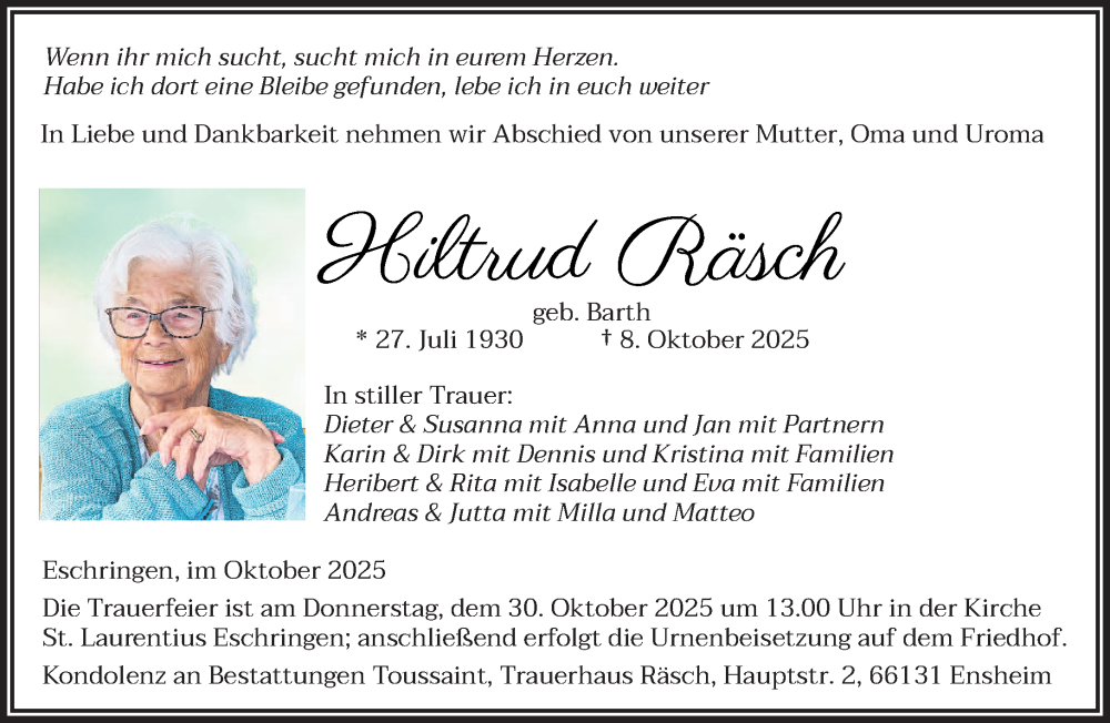  Traueranzeige für Hiltrud Räsch vom 25.10.2025 aus saarbruecker_zeitung