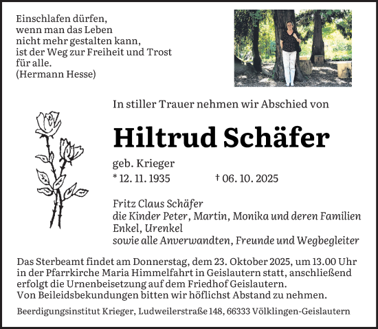 Traueranzeige von Hiltrud Schäfer von saarbruecker_zeitung