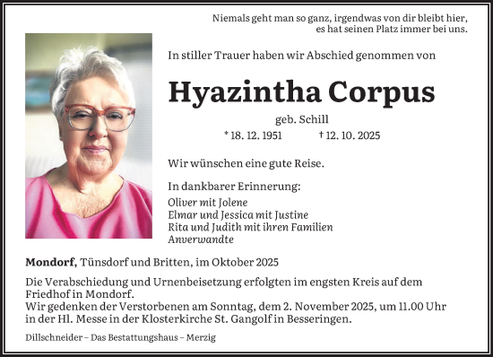 Traueranzeige von Hyazintha Corpus von saarbruecker_zeitung
