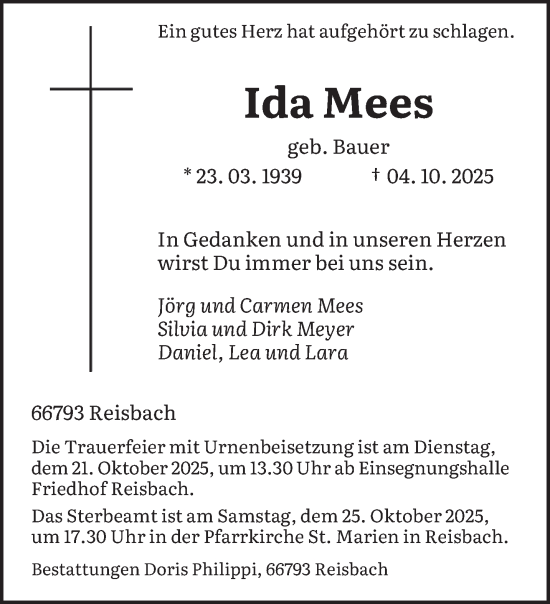 Traueranzeige von Ida Mees von saarbruecker_zeitung