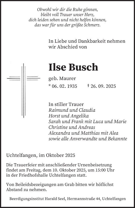Traueranzeige von Ilse Busch von saarbruecker_zeitung