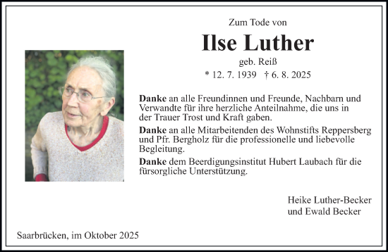 Traueranzeige von Ilse Luther von saarbruecker_zeitung