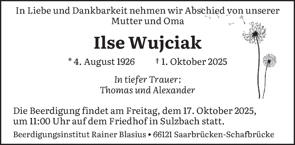  Traueranzeige für Ilse Wujciak vom 15.10.2025 aus saarbruecker_zeitung