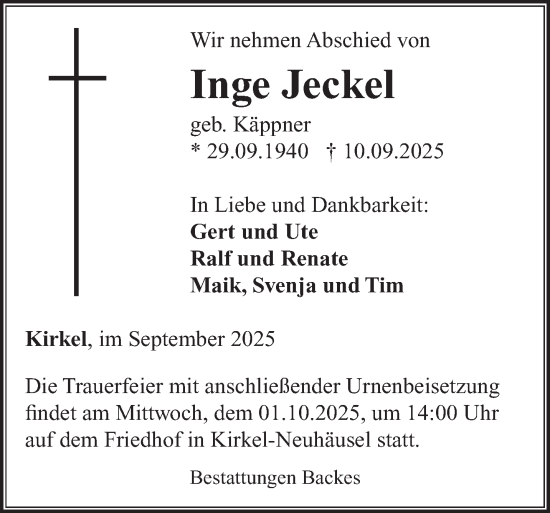 Traueranzeige von Inge Jeckel von saarbruecker_zeitung