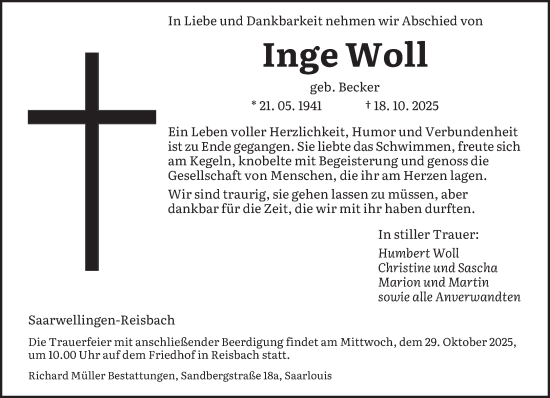 Traueranzeige von Inge Woll von saarbruecker_zeitung