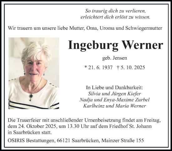 Traueranzeige von Ingeburg Werner von saarbruecker_zeitung