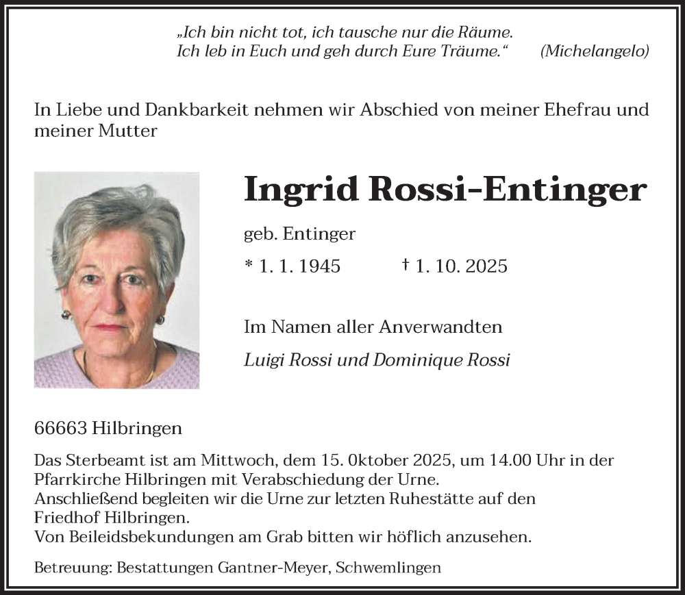  Traueranzeige für Ingrid Rossi-Entinger vom 07.10.2025 aus saarbruecker_zeitung