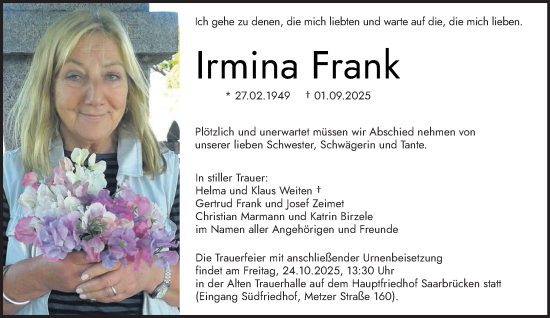 Traueranzeige von Irmina Frank von saarbruecker_zeitung