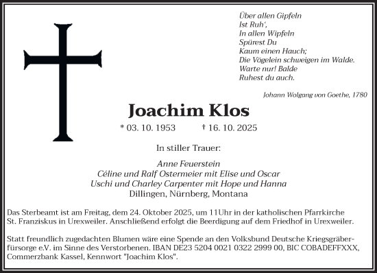 Traueranzeige von Joachim Klos von saarbruecker_zeitung