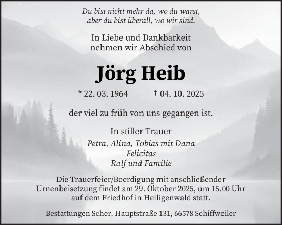 Traueranzeige von Jörg Heib von saarbruecker_zeitung