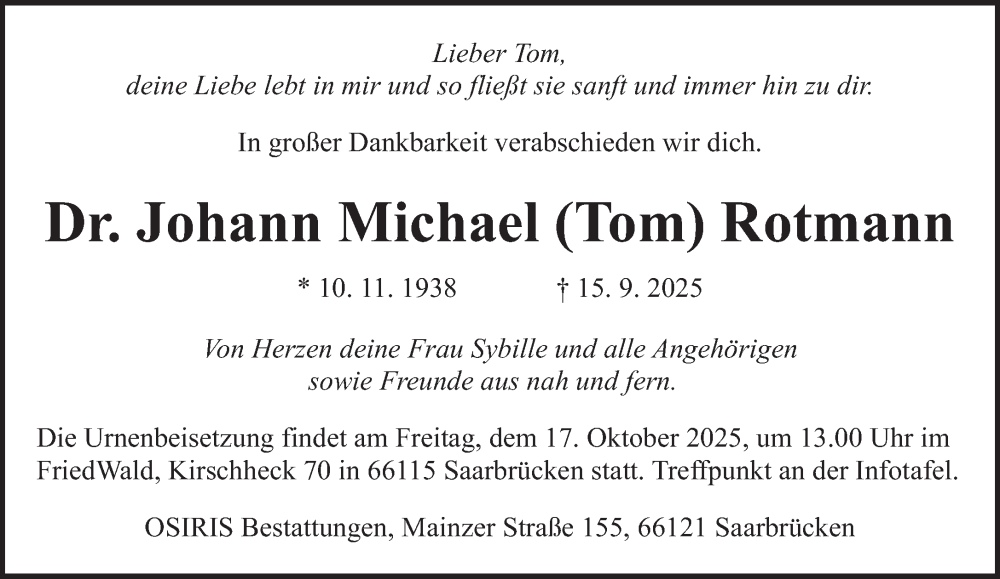 Traueranzeige für Johann Michael Rotmann vom 04.10.2025 aus saarbruecker_zeitung