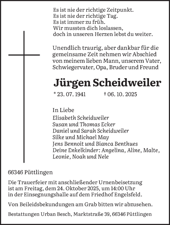 Traueranzeige von Jürgen Scheidweiler von saarbruecker_zeitung