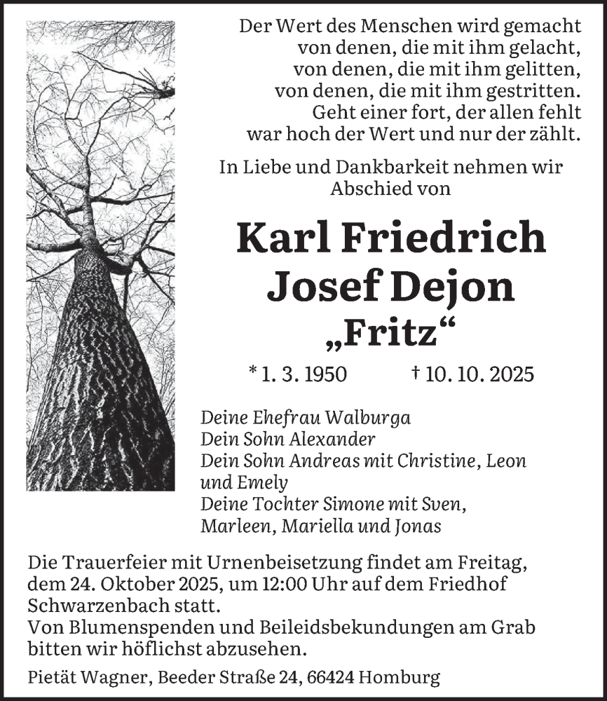  Traueranzeige für Karl Friedrich Josef Dejon vom 18.10.2025 aus saarbruecker_zeitung