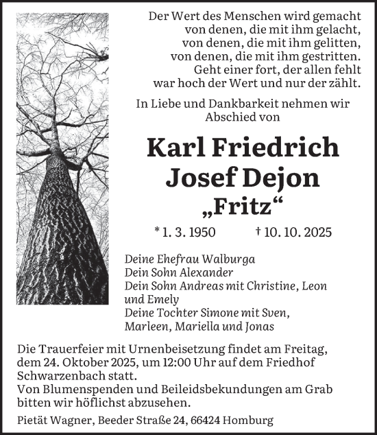Traueranzeige von Karl Friedrich Josef Dejon von saarbruecker_zeitung