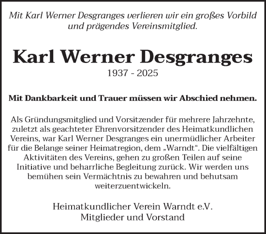 Traueranzeige von Karl Werner Desgranges von saarbruecker_zeitung