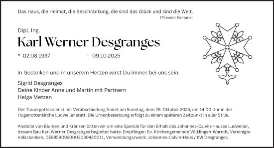 Traueranzeige von Karl Werner Desgranges von saarbruecker_zeitung