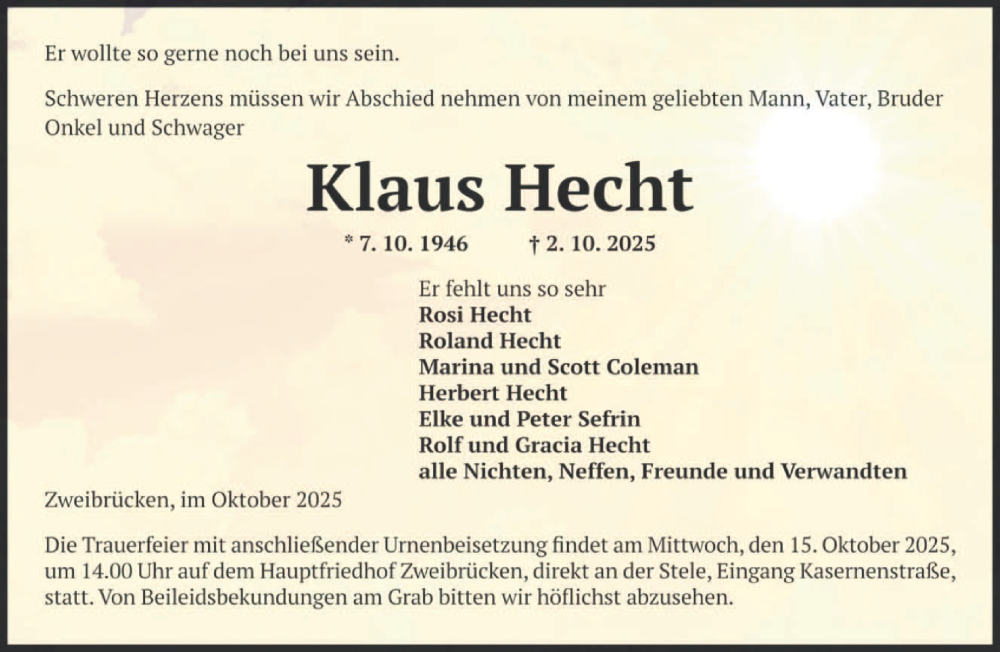  Traueranzeige für Klaus Hecht vom 10.10.2025 aus saarbruecker_zeitung