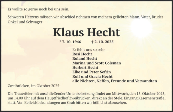 Traueranzeige von Klaus Hecht von saarbruecker_zeitung