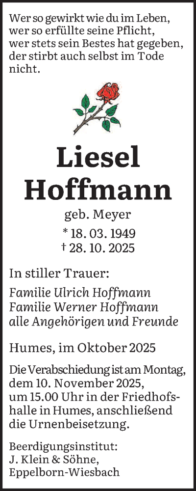 Traueranzeige von Liesel Hoffmann von saarbruecker_zeitung