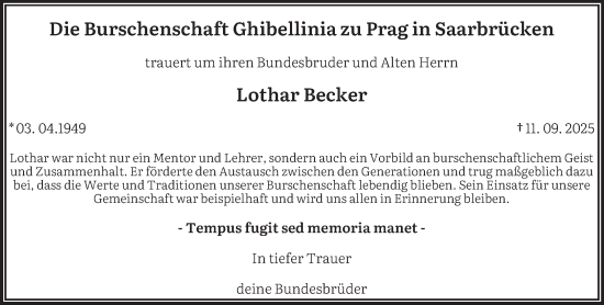 Traueranzeige von Lothar Becker von saarbruecker_zeitung