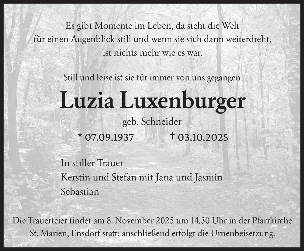  Traueranzeige für Luzia Luxenburger vom 25.10.2025 aus saarbruecker_zeitung