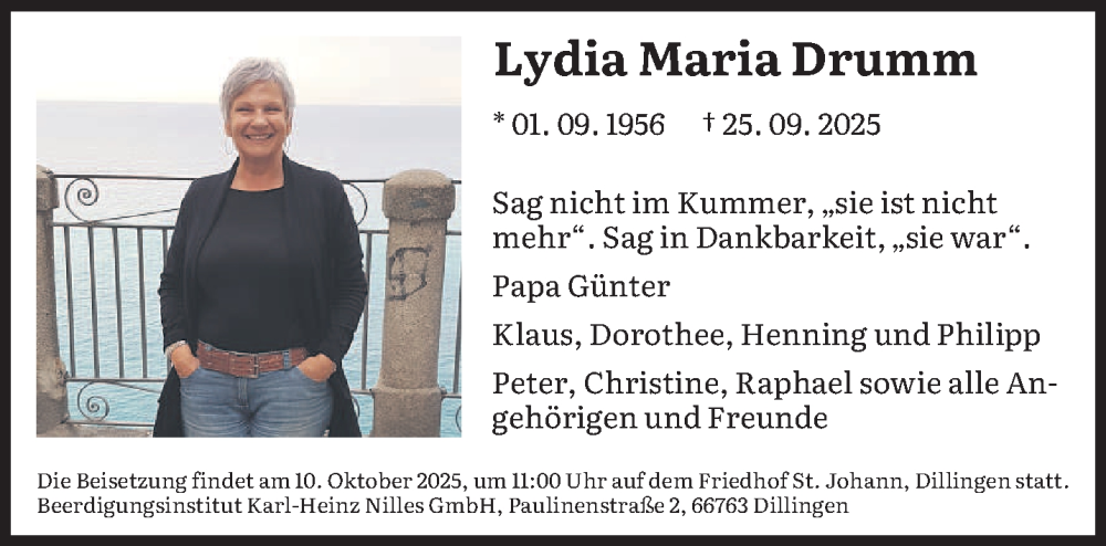  Traueranzeige für Lydia Maria Drumm vom 04.10.2025 aus saarbruecker_zeitung