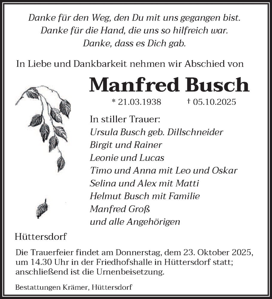  Traueranzeige für Manfred Busch vom 18.10.2025 aus saarbruecker_zeitung