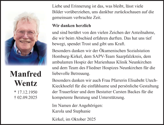 Traueranzeige von Manfred Wentz von saarbruecker_zeitung