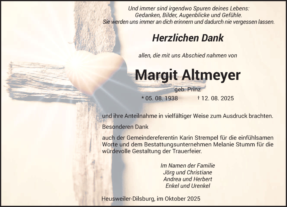  Traueranzeige für Margit Altmeyer vom 11.10.2025 aus saarbruecker_zeitung