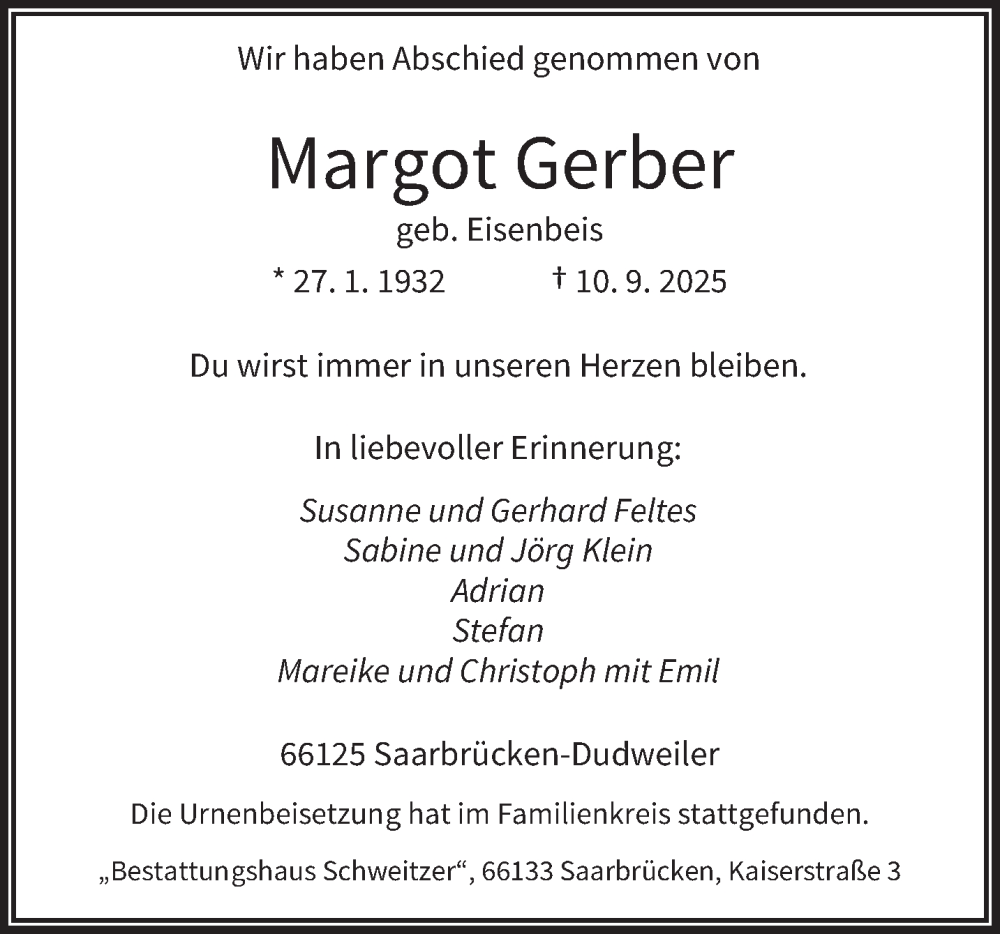  Traueranzeige für Margot Gerber vom 25.10.2025 aus saarbruecker_zeitung