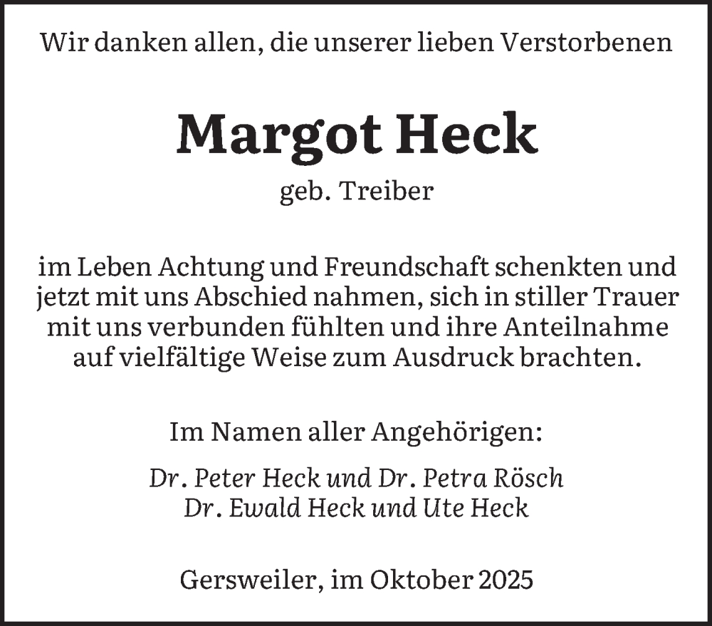  Traueranzeige für Margot Heck vom 04.10.2025 aus saarbruecker_zeitung