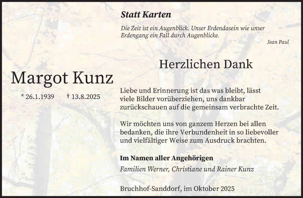  Traueranzeige für Margot Kunz vom 25.10.2025 aus saarbruecker_zeitung